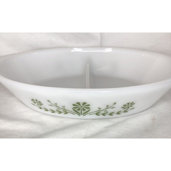 Vintage Oval Glasbake Green Crazy Daisy Divided Serving Dish 12” - Picture 2 of 7
